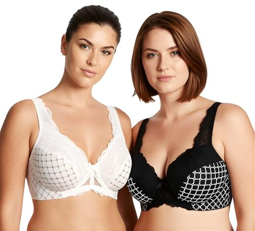 Curve Muse Minimizer-fodrad bygel-bh med spetsbroderi för kvinnor-2-Packa-Vit,Svart-90C