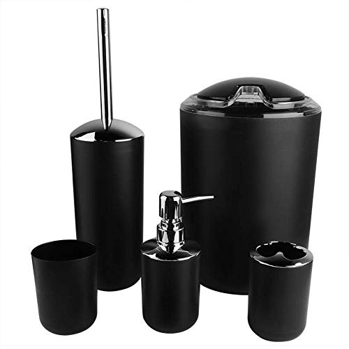 Juego de Accesorios de Baño de 6 Piezas, Set de Baño de Plásti con Dispensador de Jabón Vaso para Cepillo de Dientes Escobilla para El Inodoro Bote de Basura Jabonera, para Familia Hotel(Negro)