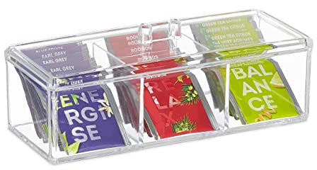 Relaxdays Teebox, Teeaufbewahrungsbox mit 3 Fächern, HBT 9 x 23 x 9,5 cm, Kunststoff, Vorratsbox mit Deckel, transparent