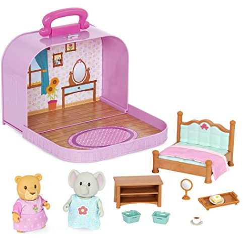Li'l Woodzeez – Jeu de Chambre – Valise de Voyage avec Meubles Miniatures, Accessoires et Figurines animales – Jeu de rôle Portable – 3 Ans et +