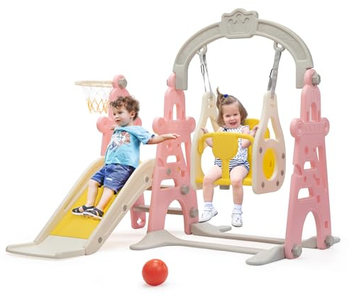 3-in-1 Kids Slide for Toddlers Slide and Swing Set,Indoor Playground for Children,Freestanding Outdoor Slides with Basketball Hoop,Outside Climber Playhouses,Baby Climbing Toys