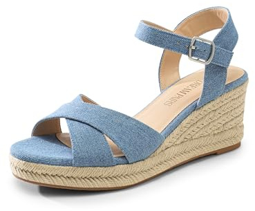 DREAM PAIRS Espadrille Dressy Wedge Sandals, Women's Platform Sandals Casual Summer, Comfortable High Heeled Wedges with Adjustable Buckle,Size 9.5,Denim-Canvas,SDPW2408W