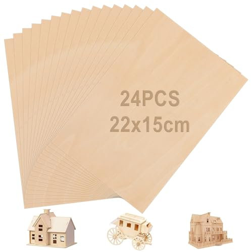 Oungy 24 PCS Balsa Wood Plywood Sheets, 220x150x3mm A5 Basswood Unfinished Wood Boards for Crafting DIY Painting Engraving Carving Model Making Projects