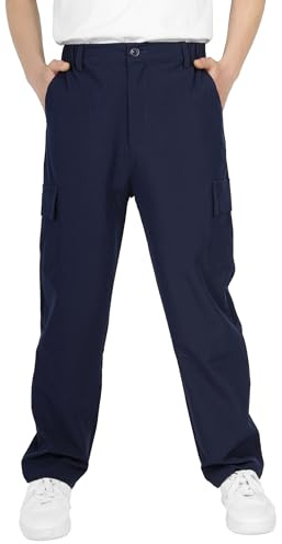 ALXHUTE Pantalon cargo pour garçon - Imperméable - Taille élastique - Pantalon d'extérieur - Pantalon de loisirs - Pantalon cargo, bleu foncé, 150 cm