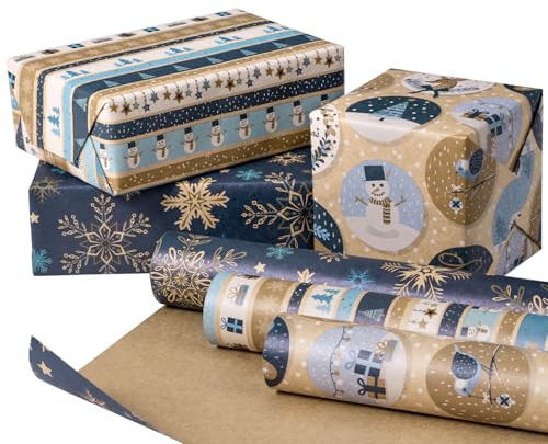 Ruspepa Julpappersrulle av kraftpapper, blå snögubbe och snöflinga, 43,2 cm x 3 m per rulle, totalt 3 rullar