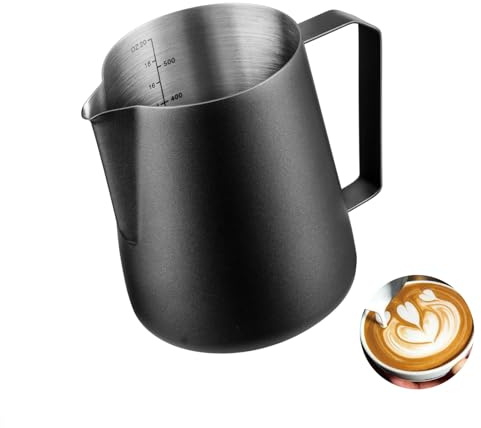 Wrobic Milk Frothing Pitcher 20oz/600ml - Stainless Steel Milk Pitcher with Measurements, Latte Art Milk Jug Compatible with Espresso Machines, Barista Steaming Pitcher for Coffee, Cappuccino,Black