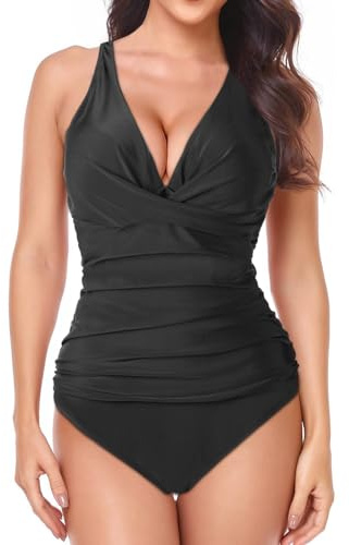 HOTUT Women's V-Neck Fit & Flare One-Piece Swim Costume with Tummy Control