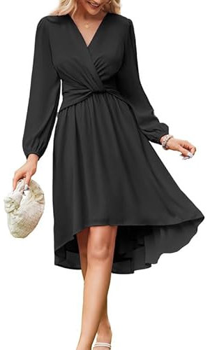 JASAMBAC Women's Wrap Dresses - Semi Formal & Casual, A-Line Midi, Black
