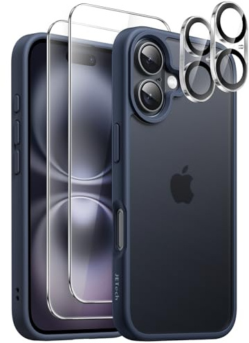 JETech 5 in 1 Matte Case for iPhone 16, Storm Blue | 2 Tempered Glass Screen Protectors, 2 Camera Lens Protectors, Translucent Back Protective Phone Cover