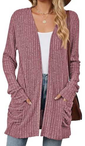Famulily Long Sleeve Ribbed Cardigans for Women, Light Fall Winter Outwear Open Front V Neck Sweater Cardigans with Pockets