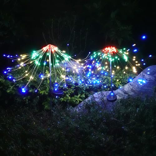 AGLINT Luces Solares LED Exterior Jardin 200 LED Soalres Fuegos Artificiales Lámparas Multicolor 8 Modos IP65 Impermeables Solares Starburst Decoración para Camino Patio Balcón 2 Piezas