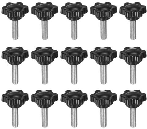 QUARKZMAN 15 Pezzi Pomelli a Stella M6 x 20mm Vite Filettata in Acciaio Inossidabile 304, 25mm Manopola Zigrinata Vite a Testa Zigrinata a 6 Stelle Plastica Impugnatura Manopola, Nero