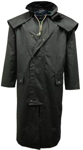 FASHIONISM Mens Long Length Wax Riding Cape Coat with Tartan Lining Unisex Long Sleeve Zip Up Detachable hood Jacket