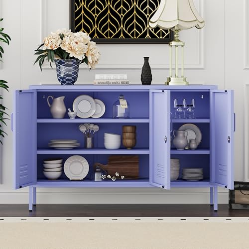 32 H 3-Door Lockable Purple Metal Storage Cabinet Locker with 2 Adjustable Shelves, Multi-Purpose Sideboard for Home Living Room Bedroom Dining Room Entryway Office Size：32 H X 47.3 W X 13.8 D