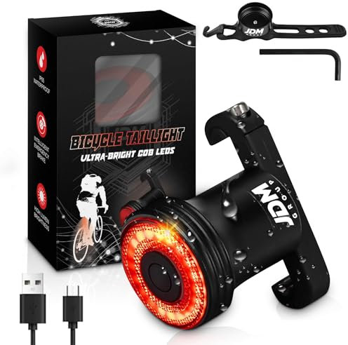 JDM Group - Luz Trasera Bicicleta Potente LED de 300 Lumenes Alto Brillo y Bateria de 450 mAh - Recargable USB - con Sensor de Freno Inteligente y Auto On/Off - 5 Modos - Impermeable y de Aluminio.