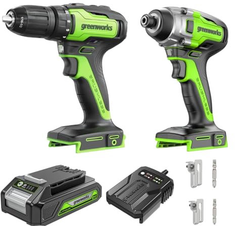 Greenworks Kit d'outils sans fil 24 V, perceuse-visseuse 35 Nm, visseuse à percussion 300 Nm, batterie 2 Ah, chargeur