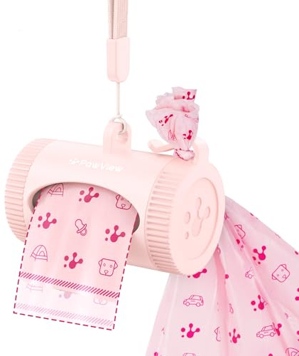 Smart Dog Poop Bag Holder with Built-In Hands-Free Hook for filled poop Bags, Waterproof and Lightweight Dispenser, App-Based Health Management, Includes 15 Bags, Durable for Everyday Walks, Pink