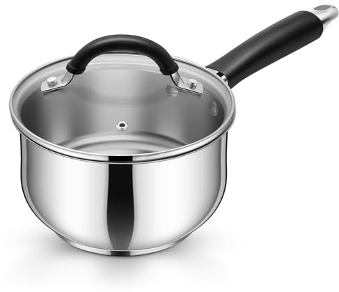 P&P CHEF 2 Quart Sauce Pan with Lid, Stainless Steel Saucepan, Small Milk Pot for Multipurpose Cooking, Visible Glass Lid & Stay-cool Silicone Handle & Tri-Ply Base, For All Stoves & Dishwasher Use