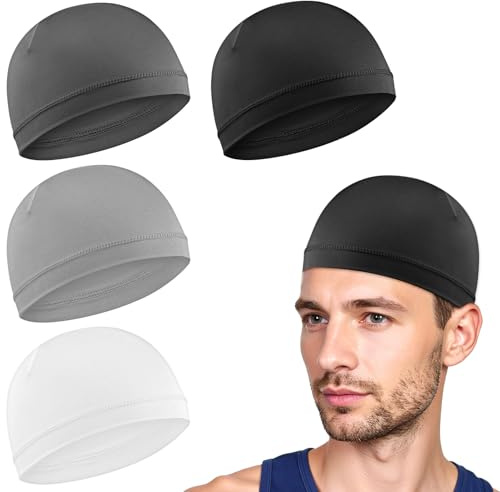 Qianyu 4 st dödskallkepsar andningsbara tunna sovmössor löpning mössa hjälmfoder stretchig svettabsorberande huvudbonader, Svart, vit, mörkgrå, ljusgrå, one size