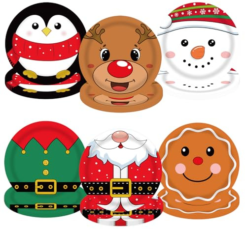 DHAIQC 48 PCS Christmas Party Plates, 7 Inch Disposable Christmas Paper Plates Santa Reindeer Snowman Pattern Dinner Cake Dessert Plate for Holiday Xmas Party Decorations