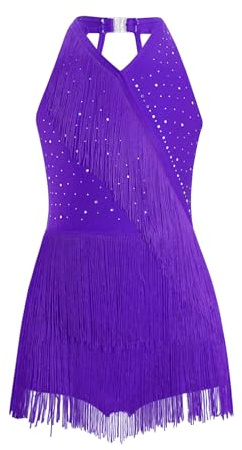 TiaoBug Leotardo De Baile Latino con Flecos para Niñas Maillot De Patinaje Competición Vestido De Tango Latino Rumba Cha-Cha Samba Morado A 9-10 años