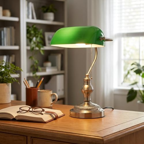 BARCELONA LED Bankirlampa Vintage Bordslampa E27 Grön Glasskärm Metallfot Nickel Klassisk Retro Industriell Justerbar Skrivbordslampa för Kontor Bibliotek Elegant Dekoration