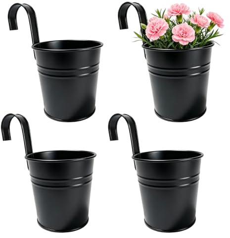 Meenewching 4 styck hängende blomkruka, 16 cm metall hängkruka med avtagbar krok och dräneringshål, hängende blomkrukor för balkong, trädgård, räcke, inomhus och utomhus, svart