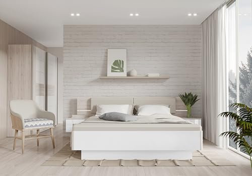 Forte RONDINO Bett 280 290, Bett mit 2 Nachtkommoden, 1 Tür und 2 Schubladen, Modernes Doppelbett Weiß, Holzwerkstoff, Sandeiche Holzdekor/Weiß Hochglanz, 285,3 cm breit x 91,7 cm hoch x 236 cm tief