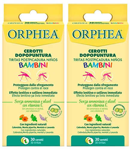 2x Orphea Cerotti Dopopuntura con Vitamina E ed Estratti Naturali Senza Ammoniaca o Alcool per Bambini - 2 Confezioni da 30 Cerotti