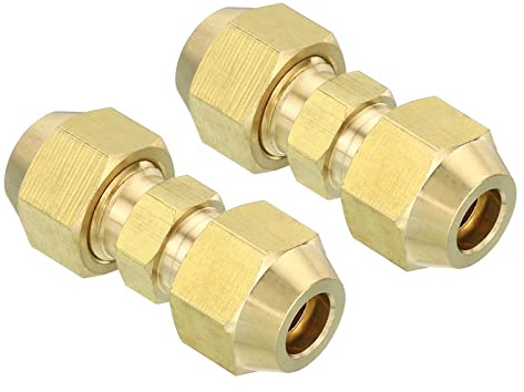 PATIKIL 1/4 OD Brass Flare Union Connector, 2 Set Air Conditioning Copper Double Pipe Extension Joint Connectors Pipe Hose Fitting with Nut, 1.44 x 0.43inch