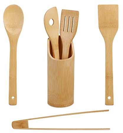 Relaxdays Küchenhelfer 6-TLG. Set, Kochlöffel, Pfannenwender, Grillzange, Küchenutensilien Behälter, Bambus, Natur
