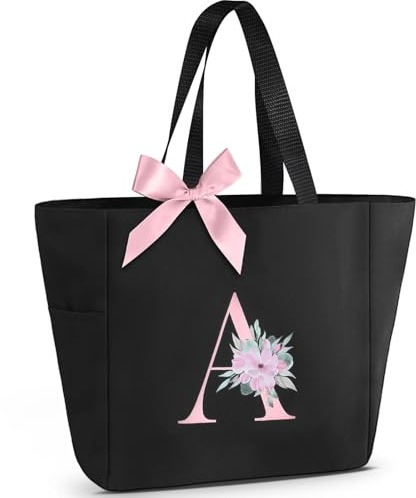 Vavabox Handtasche Damen A-Z Reißverschluss Schultertasche, Geschenke für Damen,Bräute und Brautjungfern, Arbeit,Reisen,Einkaufen,Schule (A, Schwarz)