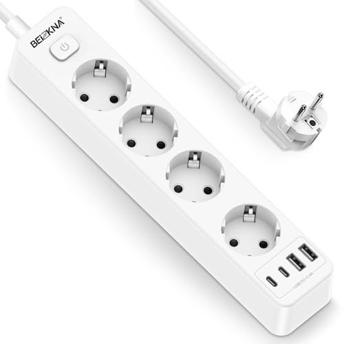 Steckdosenleiste 4 USB Mehrfachsteckdose Wandmontage 4-Fach Steckerleiste Überspannungsschutz 2 USB C Steckdose mit Schalter 4000W 16A Verteilersteckdose Multisteckdose mit 1,8M Kabel 1,5mm², Weiß