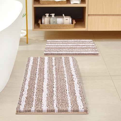 HOMEIDEAS Bathroom Rugs Sets 2 Piece, Cationic Dyed Chenille Extra Soft Absorbent Non Slip Machine Washable Kitchen Bath Mats (32x20+24x17, Beige)