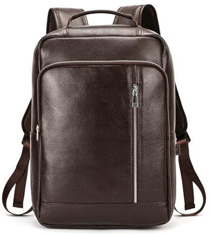 LUUFAN Genuine Leather Backpack Men Casual Daypack Vintage 15.6 Inch Laptop Rucksack Business Slim Travel Outdoor Shoulder Bag with Trolley Sleeve (Coffee)