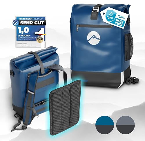Lynfjord Travel Trek 25 Fahrradtasche 3in1 - optimierte Gepäckträgertasche, Rucksack, Cross Bag - wasserdicht - Rückenpolster - Helmnetz - Schnelleinhängung - Laptoptasche - Rückwand - Midnight Blue