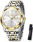 OLEVS Bicolor Uhren Herren Edelstahl Eleagnt Analog Herrenuhren Wasserdicht Stylish Silber GoldMetallarmband Herrenarmbanduhr Leuchtend Grosse Quarz Weiss Zifferblatt Uhr Männer mit Datum Geschenke