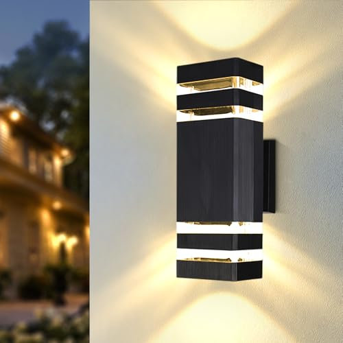CHENBEN Outdoor Wall Lights Mains Powered IP65 Front Door Lights,Modern Square Outside Wall Lights,Waterproof up Down Outside Light,External Light for House Porch Garden,with GU10 Bulbs,Black