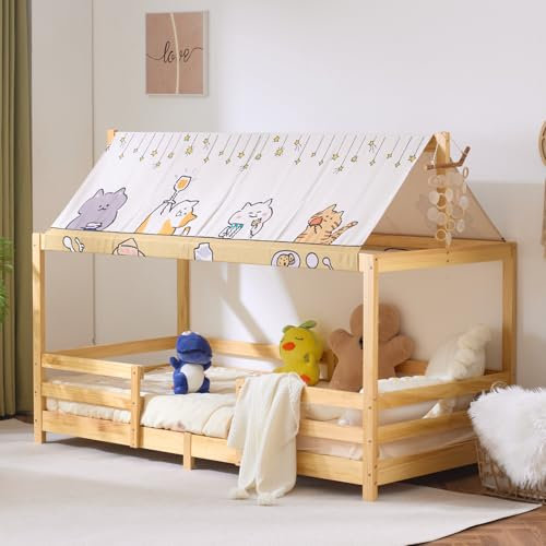 LEADZM Kinderbett Bodenbett 90x200 cm, Kinder Bett Mit Stoffhimmel, Kinderbetten inkl. Rausfallschutz & Lattenrost, Bodenbett Kinder bis 200 kg (Natur)