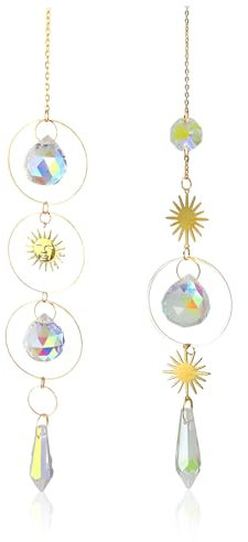 Sonnenfänger Kristall, 2 Stück Sonnenfänger Kristall Windspiel, 40cm Ornament Kristallkugeln Hanging Windspiel Regenbogen Sonnen Mond Anhänger Kristalle für Garten Zuhause Büro Party