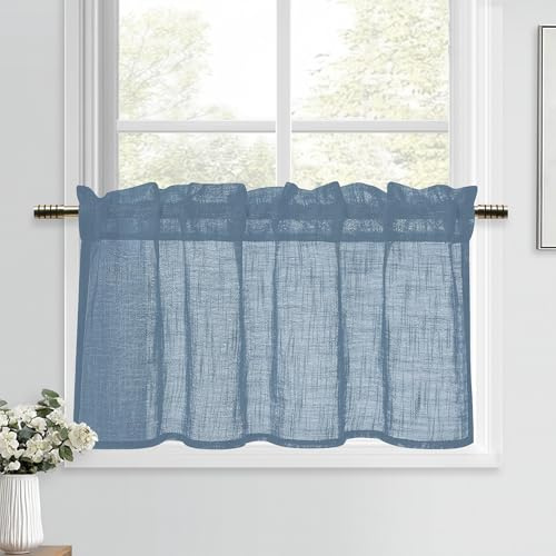 DWCN Visillos Azules Modernos, Aspecto de Lino, Cortina Corta Semitransparente, 1 Unidad, Alto 45 x Ancho 90 cm, Cortinas para Ventanas de Cocina, rústicos, armarios, Salones, restaurantes, caravanas