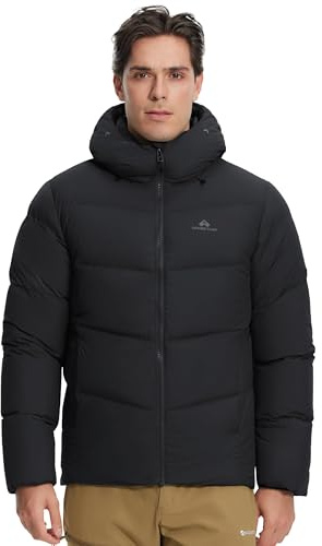 Pioneer Camp Chaqueta de plumón para hombre, 90% plumón de pato, 650, cálido, impermeable, cortavientos, chaqueta para exteriores, Negro , L