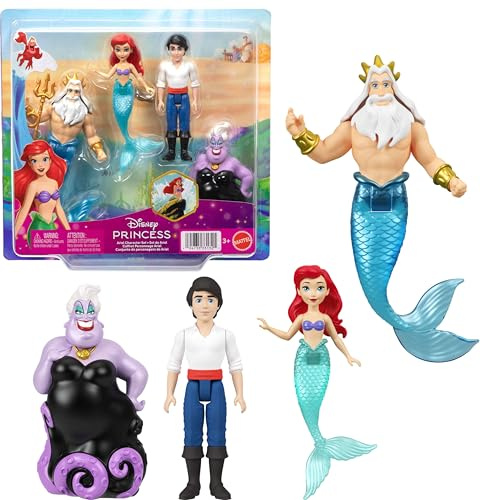 Mattel Disney Princess - Set Personaggi La Sirenetta, 4 mini bambole ispirate al film, la Sirenetta Ariel, il Principe Eric, Ursula e Re Tritone con accessorio tridente, 3+ anni, JHG84
