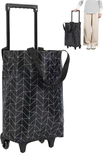 Shopping Bag on Wheels, Waterproof Foldable Shopping Trolley, Portable Reusable Trolley Bags with Telescopic Handle, Black Diamond Pattern, Foldable, Bag on Wheels