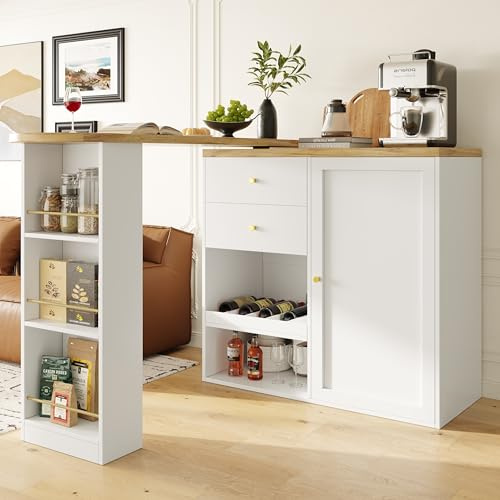Merax Table de bar pivotante à 360° avec espace de rangement 105 × 39 × 102 cm, table haute moderne avec 2 tiroirs et armoire à porte coulissante, armoire buffet avec étagères, îlot de cuisine, table