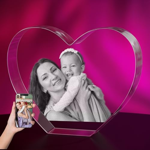 Print Maniacs Personalised 3D Crystal Photo Night Light – Custom Engraved Picture Gift with Your Photo Inside Crystal, Heart Shape Memorial Keepsake for Family, Son, Daughter, Mum, Dad