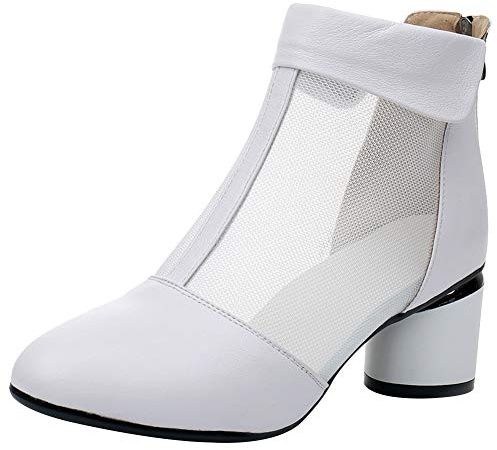 Jamron Kvinnors eleganta blockklack ankelstövlar andningsbara nät utstansade sommarstövlar pumps, Vitt nät, 39.5 EU