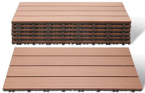 Lospitch WPC Terrassenfliesen 30x60cm 6er Set für 1m² in Holzoptik für Garten Balkon Bodenbelag mit Drainage und Klicksystem Terrassendielen Balkonfliesen Klickfliesen Holzfliesen Braun