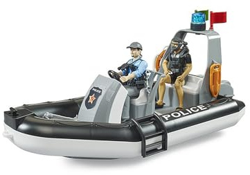 bruder 62733 - gommone della polizia bworld con agenti, sommozzatori e accessori, servizio di salvataggio, barca della polizia giocattolo acquatico