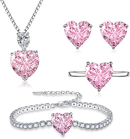 Loutade Silver Jewellery Set for Women, 925 Sterling Silver 4 PCS Fashion Heart Necklace Earrings Ring Bracelet Set, Heart-shaped Jewellery for Women Set with Pink Cubic Zirconia for Girlfriend